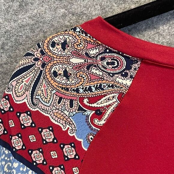 EMERALD Top 3XL Red Rayon Blend Patchwork Long Balloon Sleeve Raglan Blouse EUC - Picture 13 of 14